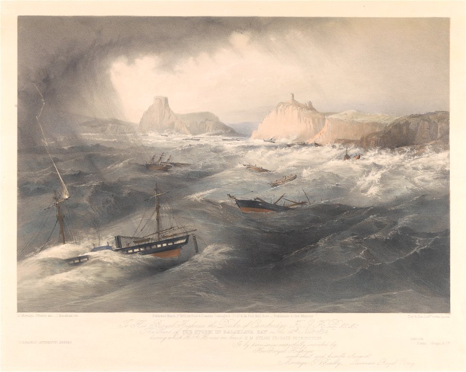 To His Royal Highness the Duke of Cambridge - the storm in Balaklava Bay on the 14th Nov, 1854, during which H.R.H. was on board H.M. steam frigate Retribution. Colnaghi's authentic series RMG PY0929