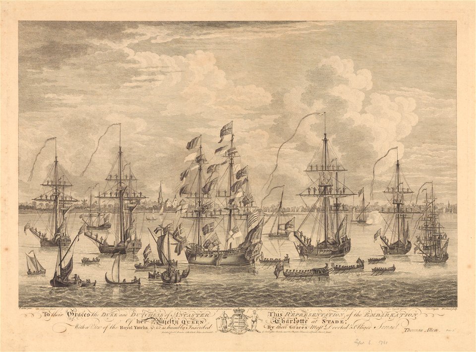 To their Graces - This Representation of the Embarkation of her Majesty Queen Charlotte at Stade; with a view of the Royal Yachts &c.&c, Sept 6th 1761 RMG PY8613