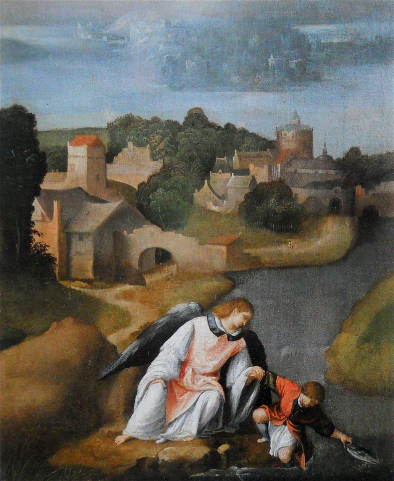 Tobiolo, con l'arcangelo Gabriele, cattura il pesce nel fiume Tigri