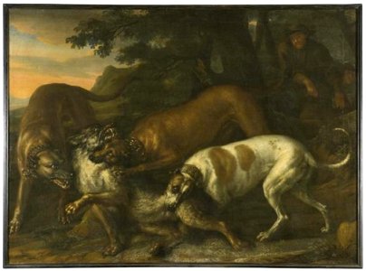 Toegeschreven aan David Klöcker Ehrenstrahl - Groep honden valt een wolf aan - NMDrh 504 - Nationalmuseum