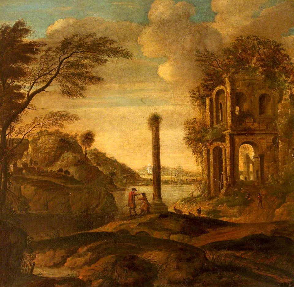 Tobias Verhaecht (c.1560-1631) (style of) - Figures Conversing in a Capriccio of Ruins in an Estuary Landscape - 996478 - National Trust