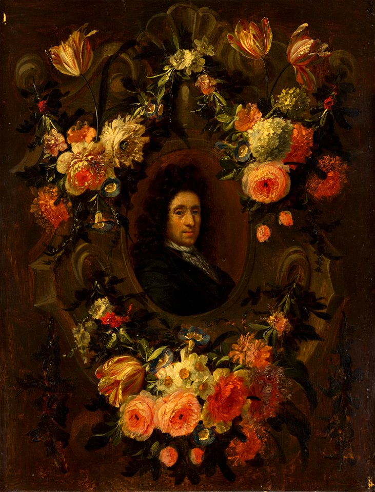 Toegeschreven aan Jean Baptiste Morel - Portrait of a Man Encircled by a Wreath of Flowers - 703 - Mauritshuis