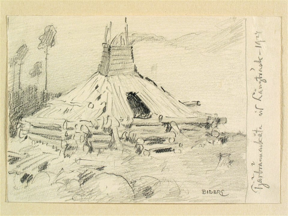 Tjärbrännarkåta vid Långträsk, Norrbotten. Teckning av Ferdinand Boberg - Nordiska museet - NMA.0088342