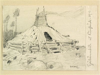 Tjärbrännarkåta vid Långträsk, Norrbotten. Teckning av Ferdinand Boberg - Nordiska museet - NMA.0088342