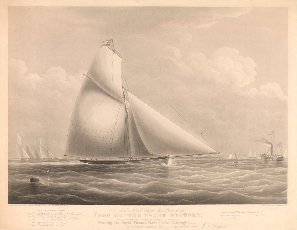 To Lord Alfred Paget This Print of his Iron Cutter Yacht Mystery - Winning the Royal Thames Yacht Club's Challenge Cup - dedicated by W.J. Huggins RMG PY8658