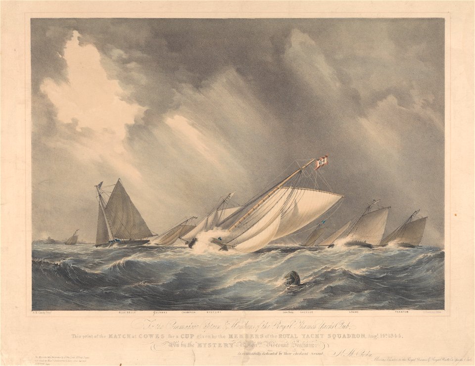 To the Commodore - of the Royal Thames Yacht Club, This print of the Match at Cowes for a Cup given by the Members of the Royal Yacht Squadron, Augst 14th 1844, Won by the Mystery - dedicated by N.M. Condy RMG PY8661