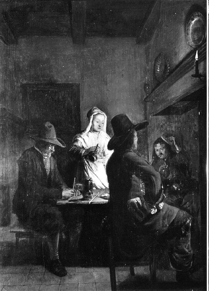 Toegeschreven aan Hendrick van der Burgh (ca. 1625- na 1664) - Interieur met drie mannen en een dienstmeid voor een haardvuur - 1931.0112 - Groninger Museum