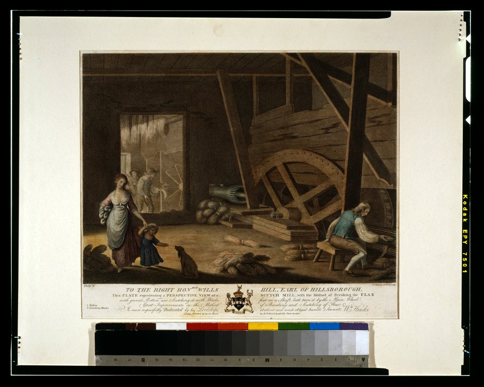 To the right hon'able Wills Hill, Earl of Hillsborough, this plate representing a perspective view of a scutch mill, with the method of breaking the flax with groved (sic) rollers, and LCCN2003674102