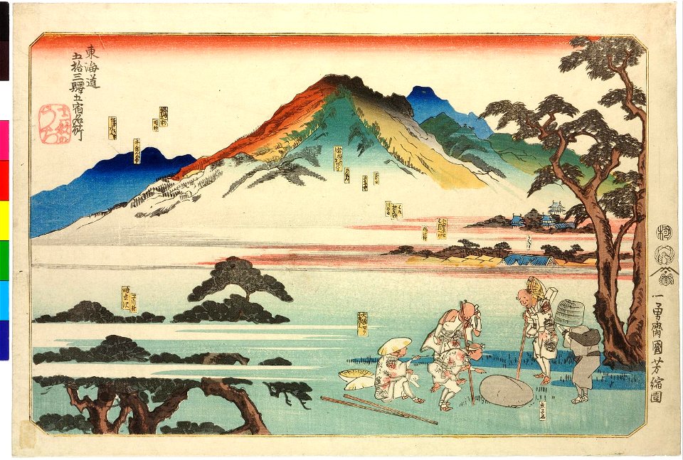 Tokaido gojisan-eki go shuku meisho 東海道五拾三駅五宿名所 (Fifty-three Stations of the Tokaido Road, Five Famous Places (Together)) (BM 2008,3037.03801)
