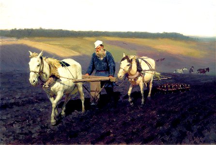 Tolstoy ploughing. Free illustration for personal and commercial use.