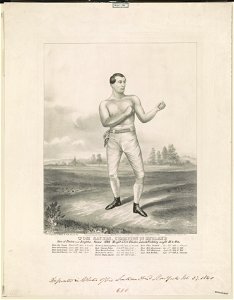 Tom Sayers, champion of England born at Pimlico near Brighton, Sussex 1826, height 5 ft. 8 inches, lowest feichting weight 10 st. 10 lbs - - lith. by Cameron & Walsh, 32 & 34 John St., N.Y. LCCN2012647243