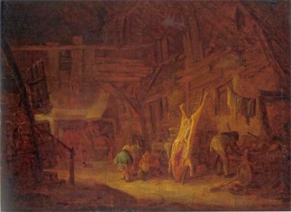 Toegeschreven aan Isaac van Ostade - Boereninterieur met een geslacht varken - 1050 - Museum der bildenden Künste