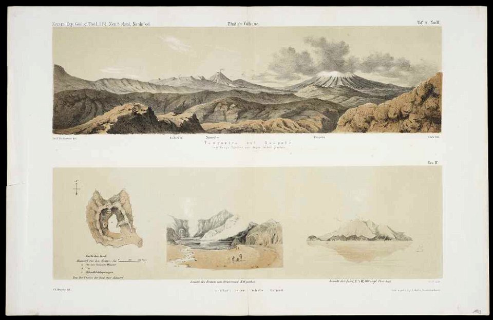 Tongariro und Ruapahu, vom Berge Ngariha aus gegen Sudost gesehen. Taf.8. Dr F. Hochstetter del. Whakari oder White Island. Ch. Heaphy B-187-014