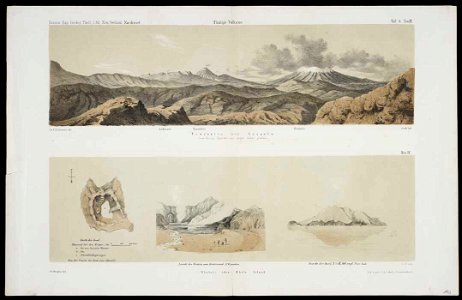 Tongariro und Ruapahu, vom Berge Ngariha aus gegen Sudost gesehen. Taf.8. Dr F. Hochstetter del. Whakari oder White Island. Ch. Heaphy B-187-014