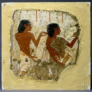 Tomb painting depicting two priests, one holding a papyrus roll and the other a vase for libations (... - Google Art Project