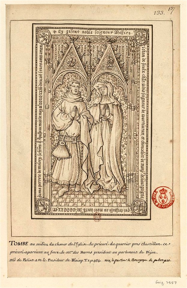 Tombe dans l'église du prieuré du Quartier près Chastillon, elle est de Jean de Saulx chevalier, seigneur de Courtivron, chancelier du duc de Bourgogne, mort en 1420 et de Perette de Mairey sa femme, morte en 1423
