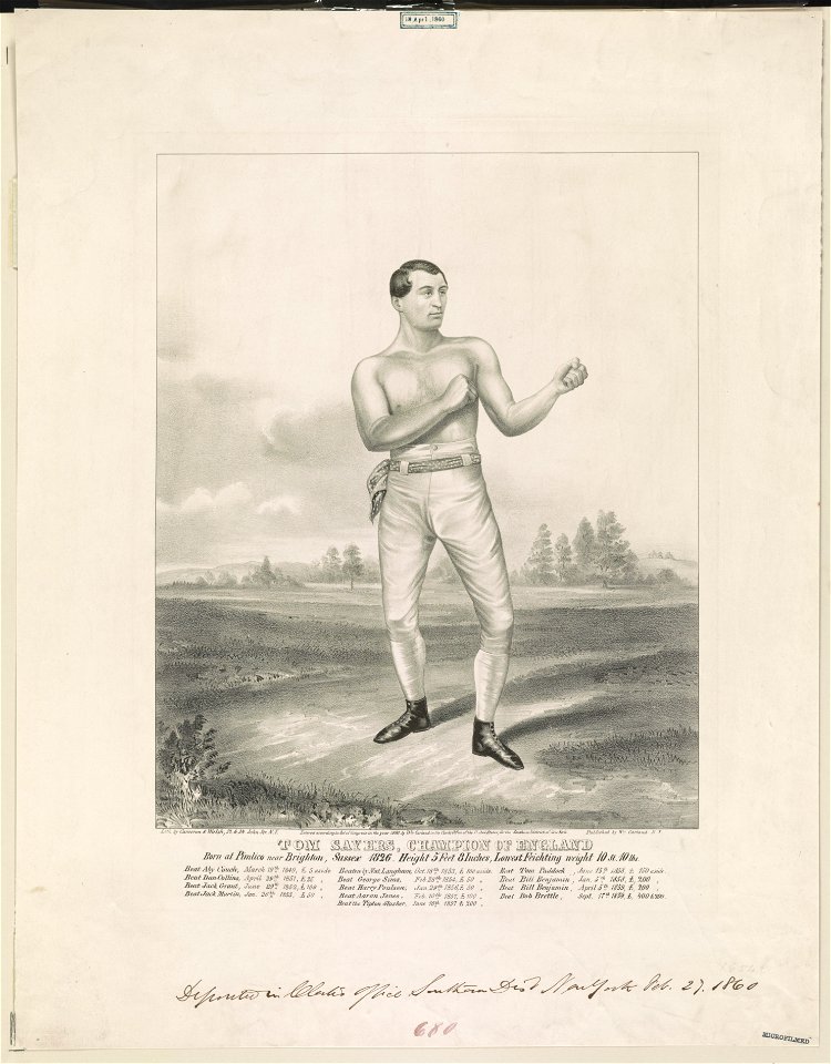 Tom Sayers, champion of England born at Pimlico near Brighton, Sussex 1826, height 5 ft. 8 inches, lowest feichting weight 10 st. 10 lbs - - lith. by Cameron & Walsh, 32 & 34 John St., N.Y. LCCN2012647243