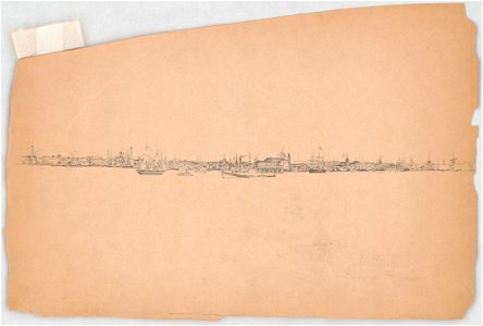 Topographical view of buildings along the far shore of a river, with sailing ships and steamboats LCCN2016648677