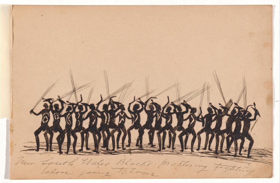 Tommy McRAE - Kwatkwat people - New South Wales Blacks practising fighting before going to war-Sketchbook of Aboriginal activities - Google Art Project