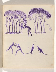 Tommy McRAE - Kwatkwat people - (Aboriginal hiding in trees; fight; fighting kangaroos) Sketchbook mainly of activities of Aborigina... - Google Art Project
