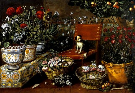 Tomás Hiepes - Garden View with a Dog - WGA11415. Free illustration for personal and commercial use.