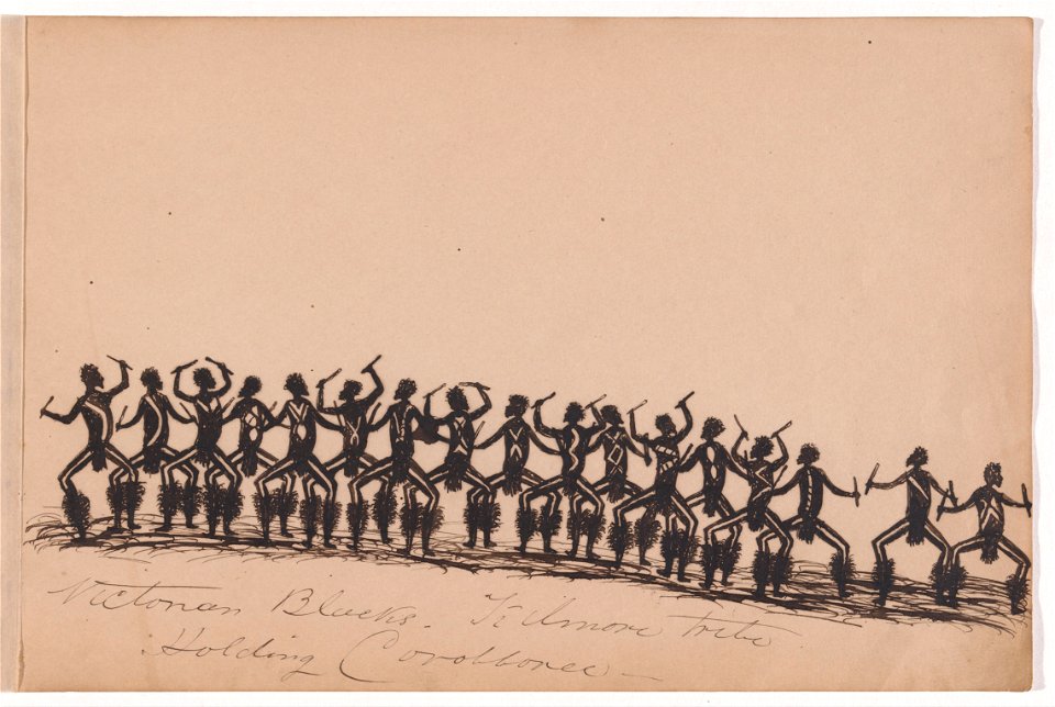 Tommy McRAE - Kwatkwat people - Victorian Blacks - Kilmore tribe holding corroboree-Sketchbook of Aboriginal activities - Google Art Project