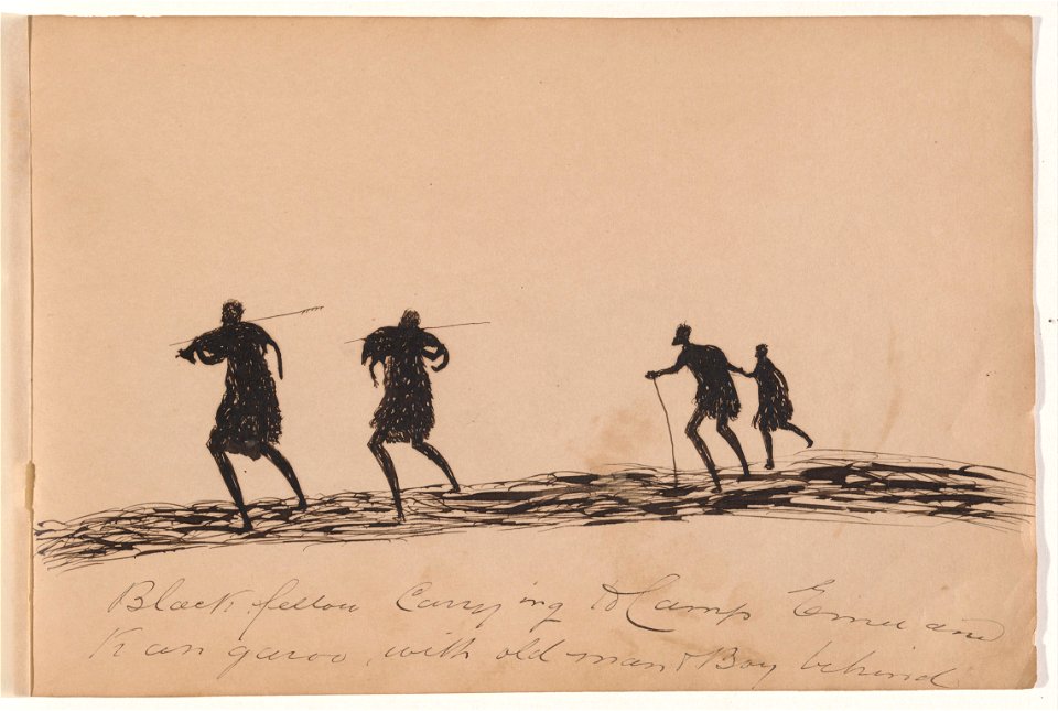 Tommy McRAE - Kwatkwat people - Black fellow carrying to camp emu and kangaroo with old man and boy behind-Sketchbook of Aboriginal ... - Google Art Project