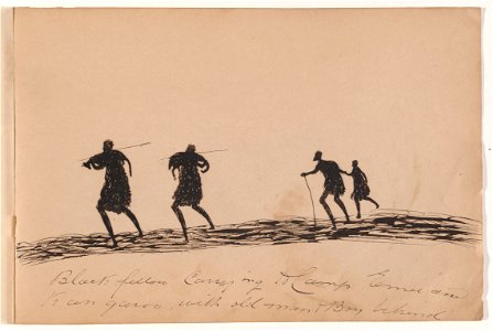 Tommy McRAE - Kwatkwat people - Black fellow carrying to camp emu and kangaroo with old man and boy behind-Sketchbook of Aboriginal ... - Google Art Project