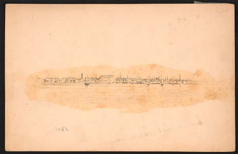 Topographical sketch of a city waterfront, with bare outlines of buildings and sailboats and a ship LCCN2016645575