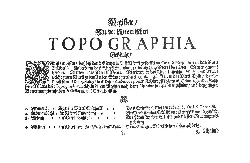 Topographia Ducatus Stiriae - Register 01