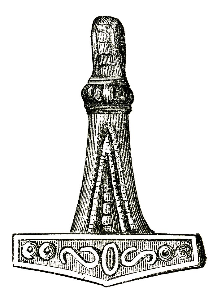 Torshammare av silver fr Skåne (Montelius 1873 sid 107 fig 93) skevad
