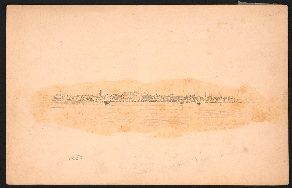 Topographical sketch of a city waterfront, with bare outlines of buildings and sailboats and a ship LCCN2016645575