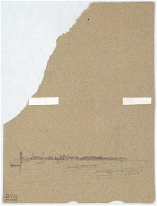 Topographical view of buildings along the far shore of a river, with light sketch of sailboat in the foreground LCCN2016648673