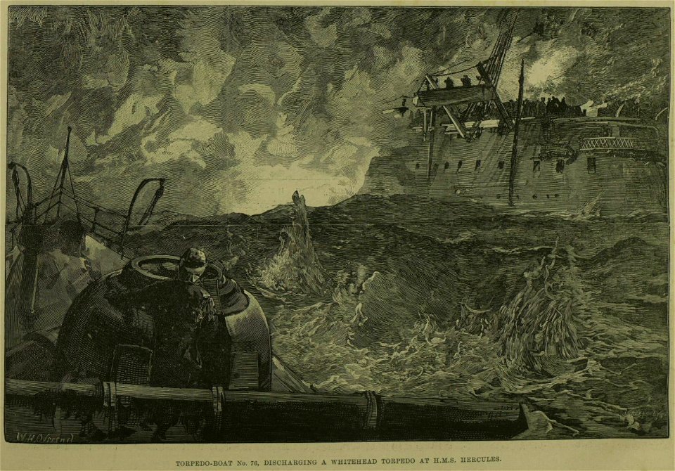 Torpedo-boat No. 76, discharging a Whitehead torpedo at HMS Hercules - ILN 1888