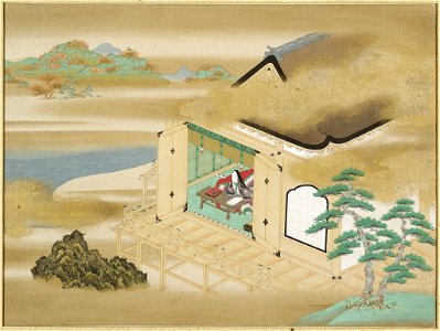 Tosa Mitsuoki 土佐光起 - Landscape with Murasaki Shikibu writing at Ishiyamadera (Frontispiece to an album containing 54 illu - 1985.352.55 - Harvard Art Museums