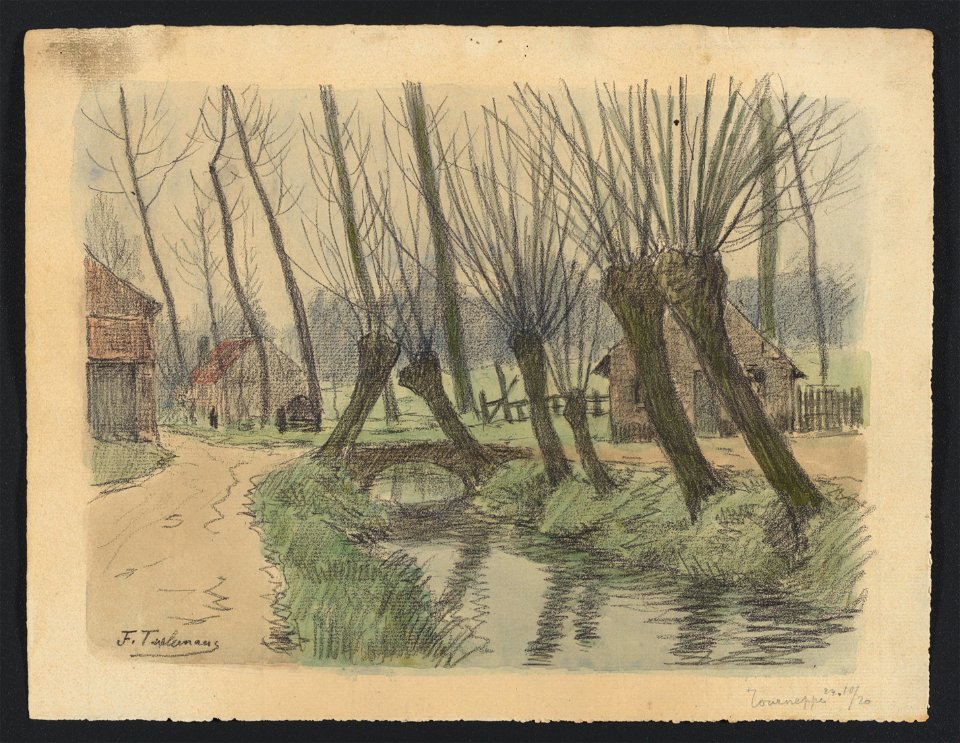 Tourneppe (Dworp) - petit canal bordé de saules, pont et maisonnettes 1920 drawing by Jean-François Taelemans, R-2009-26370, Prints Department, Royal Library of Belgium