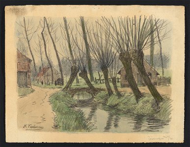Tourneppe (Dworp) - petit canal bordé de saules, pont et maisonnettes 1920 drawing by Jean-François Taelemans, R-2009-26370, Prints Department, Royal Library of Belgium