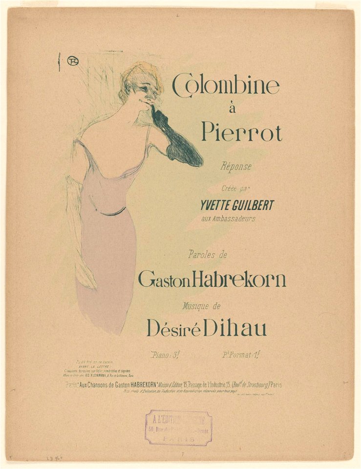Toulouse-Lautrec - Yvette Guilbert, Dans Colombine à Pierrot (Music Sheet Cover), 1974-106-343