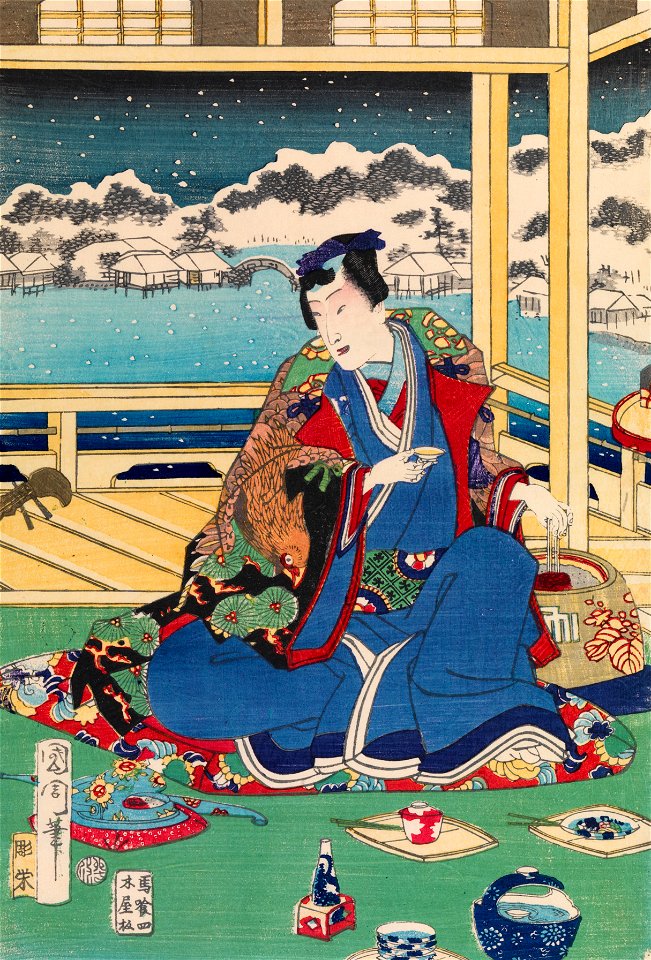Toyohara Kunichika - Genji Viewing Snow From a Balcony - Google Art Project