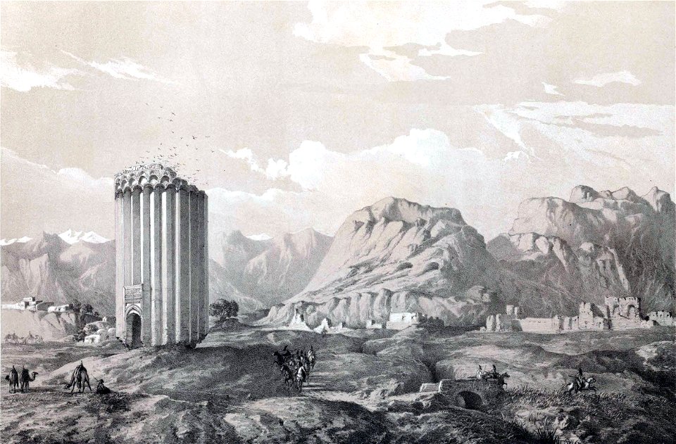 Tower and ruins of Rhey Yezid by Eugène Flandin