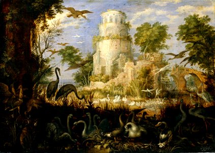 Tower Ruin at a Bird Pond by Roelant Savery Staatliche Kunstsammlungen Dresden, Gemäldegalerie Alte Meister Gal.-Nr. 931. Free illustration for personal and commercial use.