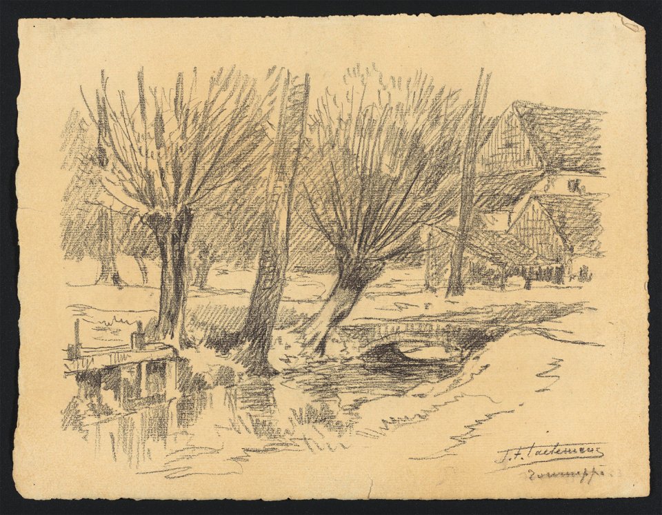 Tourneppe (Dworp) - petit canal bordé de saules, avec écluse, petit pont et grande ferme à l'arrière-plan drawing by Jean-François Taelemans, R-2009-26351, Prints Department, Royal Library of Belgium