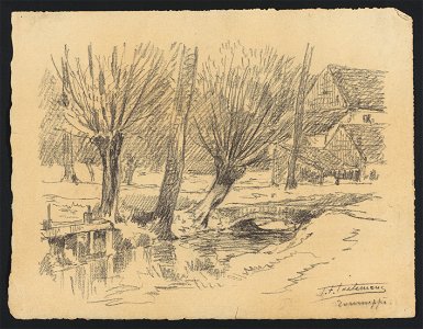 Tourneppe (Dworp) - petit canal bordé de saules, avec écluse, petit pont et grande ferme à l'arrière-plan drawing by Jean-François Taelemans, R-2009-26351, Prints Department, Royal Library of Belgium