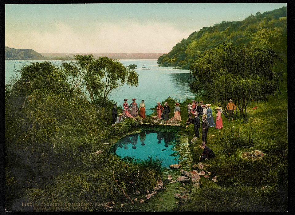 Tourists at Hinemoa Bath. Mokoia Island, Rotorua LCCN2017657814