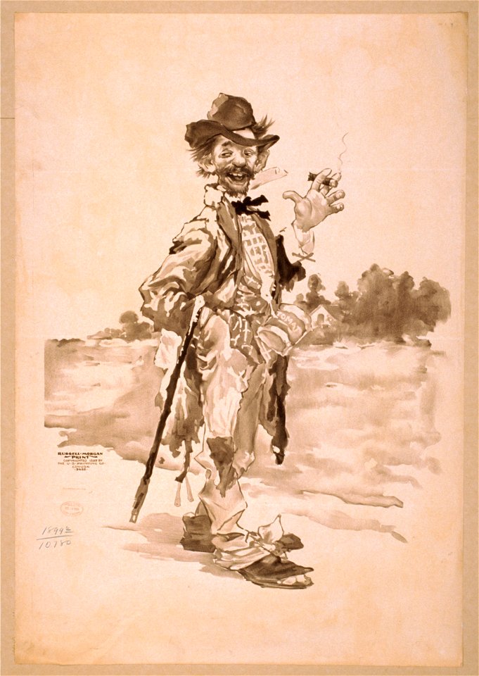 Tramp smoking cigar with cane over arm LCCN2014636860