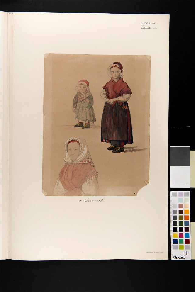 Tre bilder på barn i dräkt. Akvarell av P.Södermark - Nordiska museet - NMA.0070066 (2)