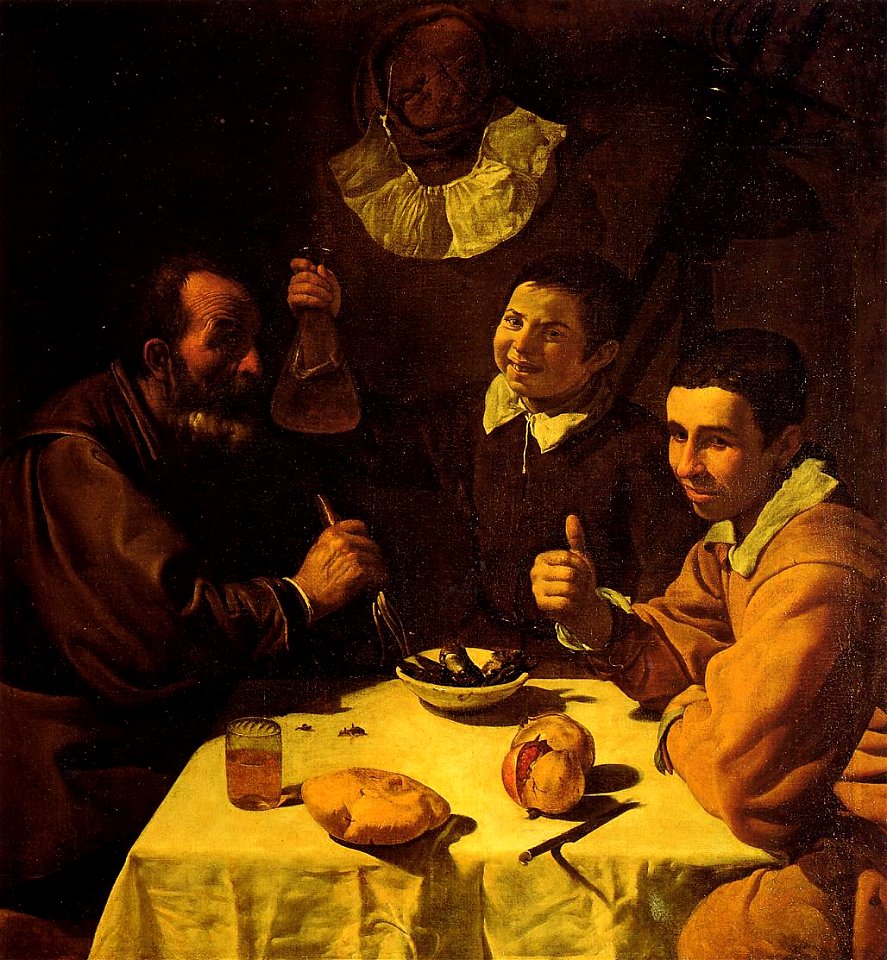 Tres hombres sentados a la mesa, by Diego Velázquez