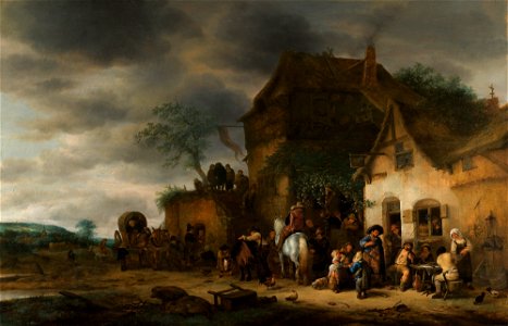 Travellers Halted at a Country Inn, by Adriaen Jansz. van Ostade Haarlem and Isack van Ostade Haarlem. Free illustration for personal and commercial use.