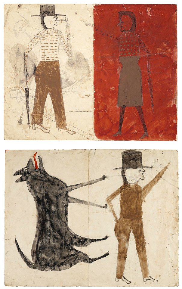 'Man on White, Woman on Red ' and 'Man with Black Dog' by Bill Traylor