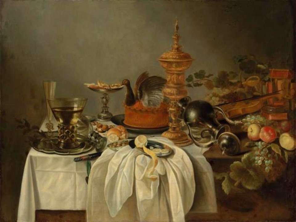 Trant-omgeving van Roelof Koets (I) of trant-naar Pieter Claesz. of trant van Cornelis Kruys - Stilleven met pastei en siervaatwerk - NK2203 - Instituut Collectie Nederland
